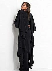 Long Sleeve Dresses Jovani 3018 Fitted Flare Sleeves Scuba Evening Dress Ruffle Layered Long Sleeves