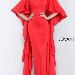 Long Sleeve Dresses Jovani 3018 Fitted Flare Sleeves Scuba Evening Dress Ruffle Layered Long Sleeves