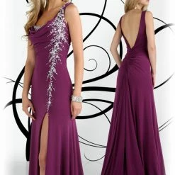 In Stock Xcite Prom Dress Cowl Neck Evening Gown Violet Size 2 Slit Jersey Train