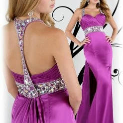 In Stock Xcite Prom Dress 30218 Ruby Red Size 8 Silk Crystal Pageant Gown Halter Slit CLEARANCE