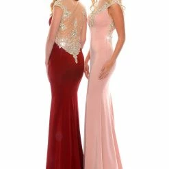 In Stock Backless Dresses Precious Formals P35091 Burgundy Size 2 Stretch Satin Gown Prom Dress