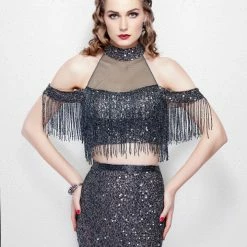 Discontinued Fringe & Tassels Primavera Couture 3038 Long Sheer High Neck Two Piece Beaded Dress Slit Formal