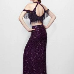 Discontinued Fringe & Tassels Primavera Couture 3038 Long Sheer High Neck Two Piece Beaded Dress Slit Formal