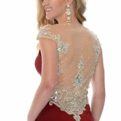 In Stock Backless Dresses Precious Formals P35091 Burgundy Size 2 Stretch Satin Gown Prom Dress