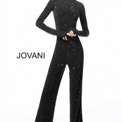 Jovani 3048 Black Crystal High Neck Long Sleeve Jumpsuit Pageant Jumpsuits & Rompers