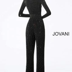 Jovani 3048 Black Crystal High Neck Long Sleeve Jumpsuit Pageant Jumpsuits & Rompers