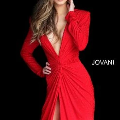 Jovani 3059 Plunging Neck Ruched Waist Short Dress