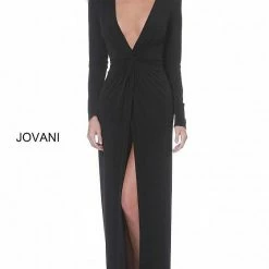Jovani 3060 Low V Neckline Long Sleeve Evening Gown With High Slit Bodysuit