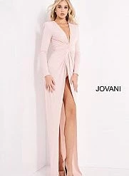 Jovani 3060 Low V Neckline Long Sleeve Evening Gown With High Slit Bodysuit