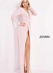 Jovani 3060 Low V Neckline Long Sleeve Evening Gown With High Slit Bodysuit