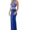 In Stock Precious Formals 70152 Size 6 Royal Blue Prom Dress High Neck Sheer Formal Gown