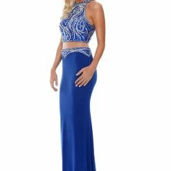In Stock Precious Formals 70152 Size 6 Royal Blue Prom Dress High Neck Sheer Formal Gown