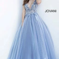 Jovani 3110 Long Ballgown Prom Dress Sheer Bodice Sexy V Neckline Floral Applique