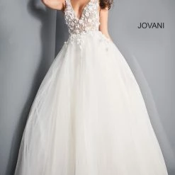 Jovani 3110 Long Ballgown Prom Dress Sheer Bodice Sexy V Neckline Floral Applique