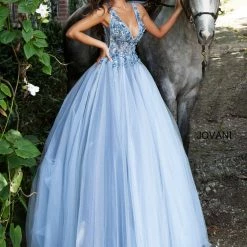 Jovani 3110 Long Ballgown Prom Dress Sheer Bodice Sexy V Neckline Floral Applique