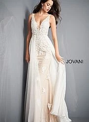 Jovani 3117 Red Prom Dress Applique Lace Overskirt V Neckline Evening Gown