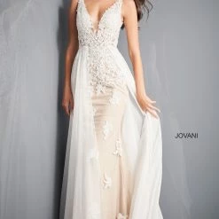 Jovani Bridal Jovani 3117 Off White Nude Floral Wedding Dress Applique Lace Overskirt V Neckline