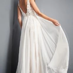 Jovani Bridal Jovani 3117 Off White Nude Floral Wedding Dress Applique Lace Overskirt V Neckline