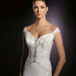 In Stock James Clifford Size 8 Pure Silk Wedding Dress Lace Embellished Fit Flare Sheer Sleeve