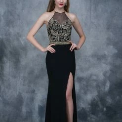 In Stock Nina Canacci 3131 Embellished Halter Neckline Prom Dress In Black Gold Size 4
