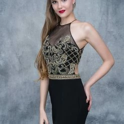 In Stock Nina Canacci 3131 Embellished Halter Neckline Prom Dress In Black Gold Size 4