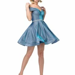 Glass Slipper Formals Long Prom Dresses DQ 3147 Short Off The Shoulder Shimmer Formal Cocktail Dress Flare Pockets Flare