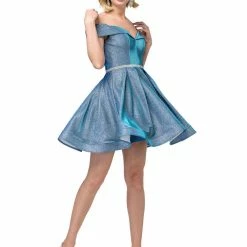 In Stock DQ 3147 Size 16 Lilac Short Off The Shoulder Shimmer Formal Cocktail Dress Flare Pockets Flare