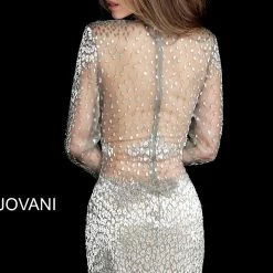Jovani 3148 Short Sheer Beaded Long Sleeve Cocktail Dress Fitted Formal Gown