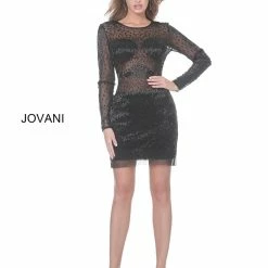 Jovani 3148 Short Sheer Beaded Long Sleeve Cocktail Dress Fitted Formal Gown