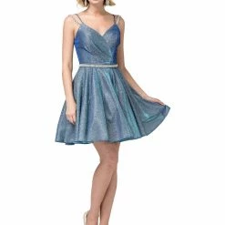 In Stock DQ 3173 Size 16 Short Fit & Flare Shimmer Cocktail Dress Off The Shoulder Crystal Sleeve