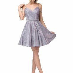In Stock DQ 3173 Size 16 Short Fit & Flare Shimmer Cocktail Dress Off The Shoulder Crystal Sleeve