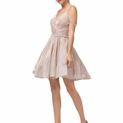 Glass Slipper Formals DQ 3173 Size XXL Short Fit & Flare Shimmer Cocktail Dress Off The Shoulder Crystal Sleeve Corset Dresses