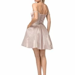Glass Slipper Formals DQ 3173 Size XXL Short Fit & Flare Shimmer Cocktail Dress Off The Shoulder Crystal Sleeve Corset Dresses