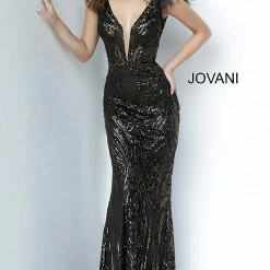 Jovani 3180 Sequin Prom Dress Plunging Neckline Feathers Sheer Bodice Embellished Belt Backless Dresses
