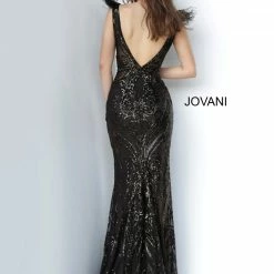 Jovani 3180 Sequin Prom Dress Plunging Neckline Feathers Sheer Bodice Embellished Belt Backless Dresses