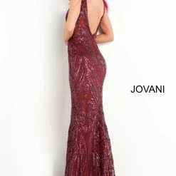 Jovani 3180 Sequin Prom Dress Plunging Neckline Feathers Sheer Bodice Embellished Belt Backless Dresses