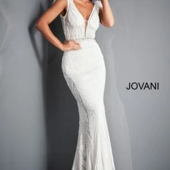 Jovani 3180 Sequin Prom Dress Plunging Neckline Feathers Sheer Bodice Embellished Belt Backless Dresses