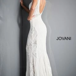 Jovani 3180 Sequin Prom Dress Plunging Neckline Feathers Sheer Bodice Embellished Belt Backless Dresses
