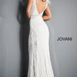 Jovani 3180 Sequin Prom Dress Plunging Neckline Feathers Sheer Bodice Embellished Belt Backless Dresses