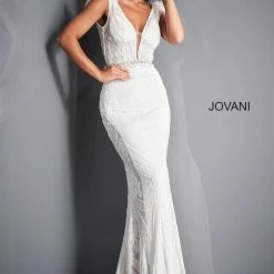 Jovani 3180 Sequin Prom Dress Plunging Neckline Feathers Sheer Bodice Embellished Belt Backless Dresses