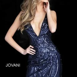 Sequin Dresses Jovani 3187 Homecoming Navy Sequin Embellished V Back Short Prom Dress