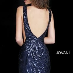 Sequin Dresses Jovani 3187 Homecoming Navy Sequin Embellished V Back Short Prom Dress