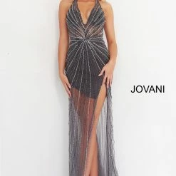 Jovani 3208 Sheer Plunging Neckline Embellished Prom Dress Pageant Gown High Slit