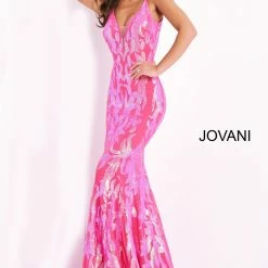 In Stock Mermaid Dresses Jovani 3263 Size 2 Hot Pink Prom Dress Long Fitted Mermaid Sequin Pageant Gown V Back