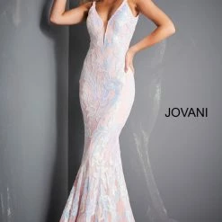 In Stock Jovani 3263 Size 12 Green Multi Long Fitted Mermaid Sequin Prom Dress Pageant Gown V Back