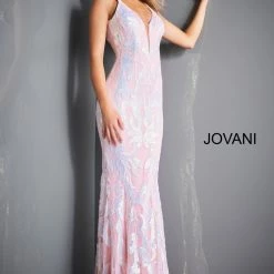 Jovani 3263 Hot Pink Prom Dress Long Fitted Mermaid Sequin Pageant Gown V Back