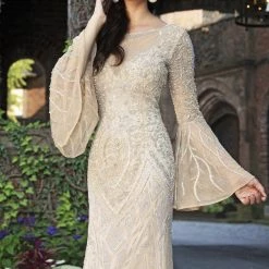 Discontinued Long Sleeve Dresses Primavera Couture 3284 Long Sheer Beaded Bell Sleeve Formal Dress Pageant Gown