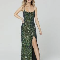 In Stock Backless Dresses Primavera Couture 3290 Neon Pink Size 4, 6 Prom Dress Sequins Long Fitted Tie Back Scoop Neckline