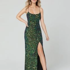 In Stock Primavera Couture 3290 Blue Prom Dress Sequins Long Fitted Tie Back Scoop Neckline Size 12