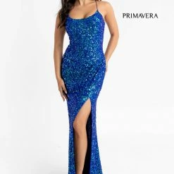 In Stock Primavera Couture 3290 Blue Prom Dress Sequins Long Fitted Tie Back Scoop Neckline Size 12
